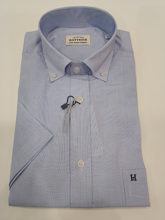 Camisa azul manga corta de cuadro fino  Hattrick